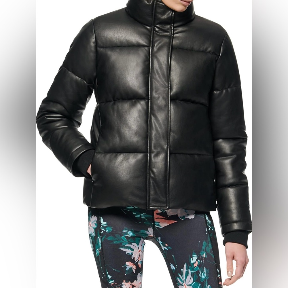 Women's Andrew Marc Black Vegan Faux Leather Puffer Jacket